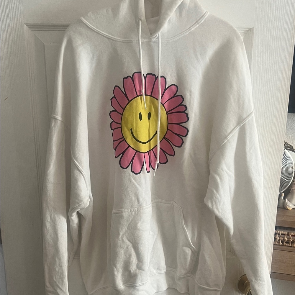 Altar'd State White Hoodie with Pink and Yellow Smiley Flower